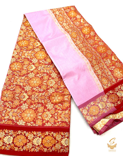 Baby Pink colour plain silk saree with dark maroon heavy zari border & pallu