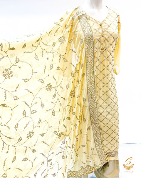 Dusky beige colour pure chiffon georgette based sequence work kameez with salwar & chiffon georgette pure heavy dupatta SIZE 44(UPTO 48)