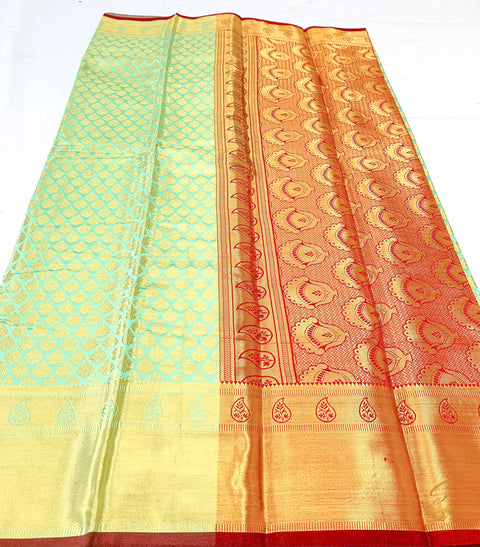 PAstel seafoam  colour Banarsi brocade Silk saree with red pallu and border