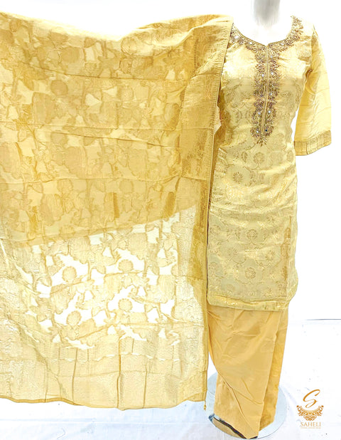 Golden colour brocade silk kameez with soft silk salwar & banarsi silk dupatta SIZE36(upto 38)