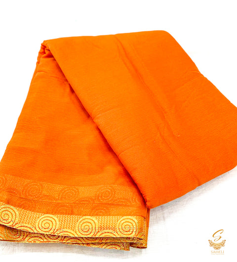 Dark copper rust colour pure chinnon plain saree with zari border