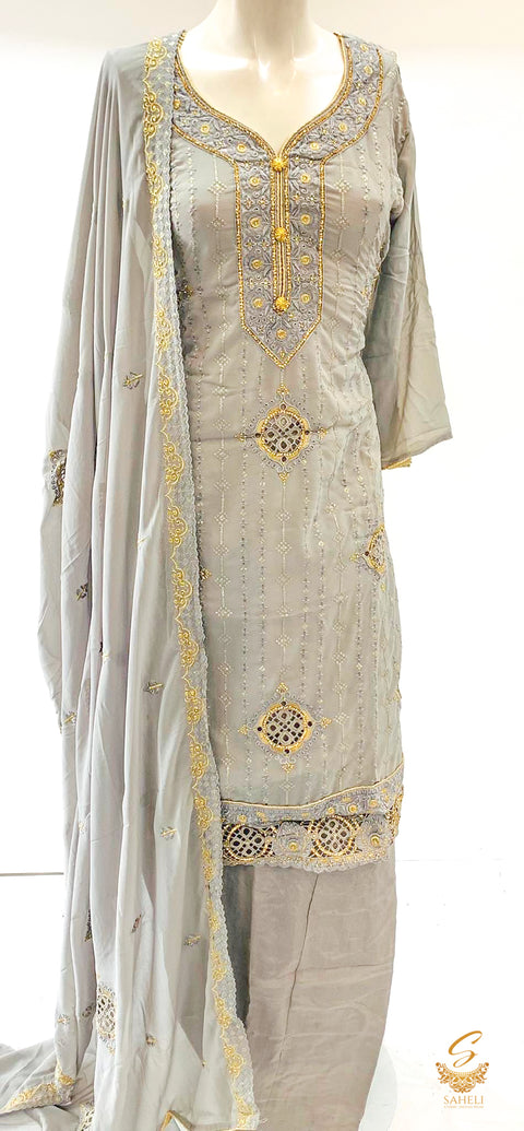 Grey colour pure georgette embroidered kameez with salwar & embroidered georgette dupatta SIZE 42 (upto 44)