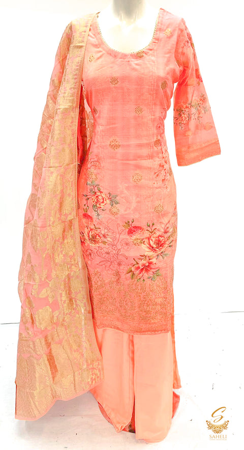 Neon pink colour organza silk printed kameez with circular plazo with banarsi silk dupatta Size 40 (upto 42)