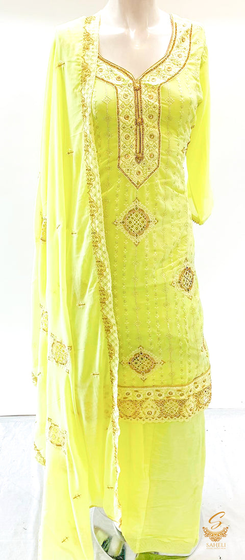 Pastel Limegreen colour pure georgette embroidered kameez with salwar & embroidered georgette dupatta SIZE 40 (upto 42)