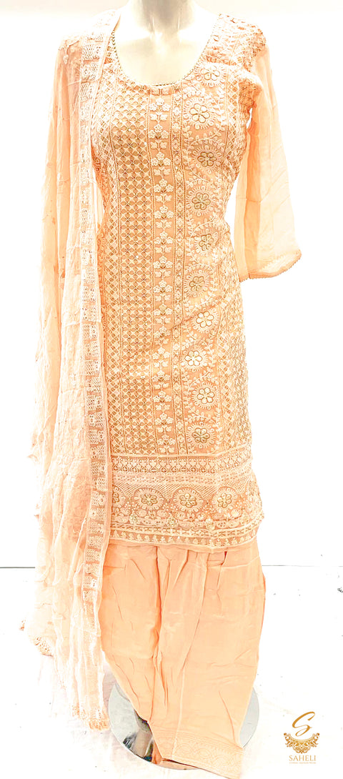 Pastel peach colour chiffon based heavy embroidered work kameez with salwar & oure chiffon dupatta with sequence and embroidery SIZE 36(upto 38)