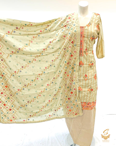 Pastel grey shade pure chinnon heavy embroidered kameez & Dupatta with Salwar SIZE 44(upto 48)