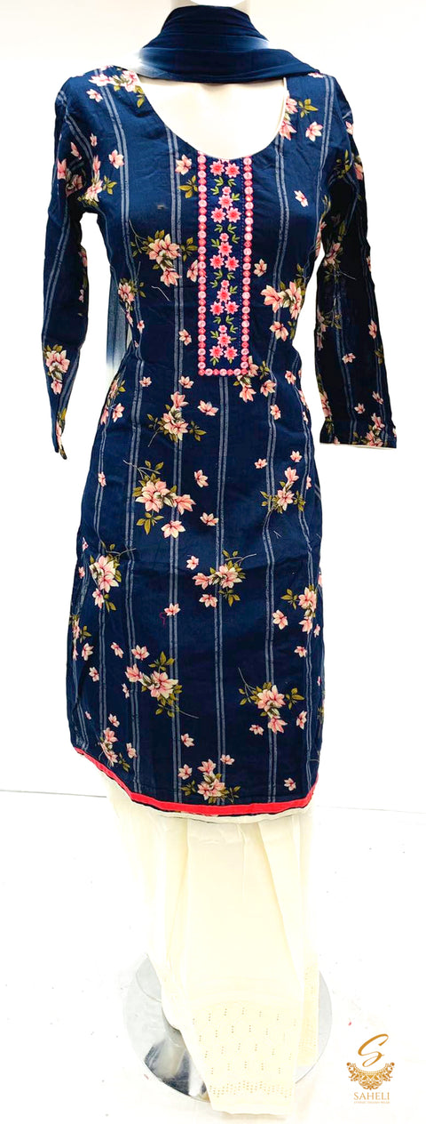 Nevi blue colour soft cotton printed kameez with cream salwar & chiffon dupatta SIZE 38 (upto 40)