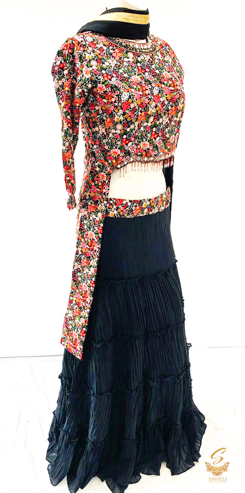 Black colour based heavy work embroidery with mirror work cut jacket with lehnga Size 38(upto 42)