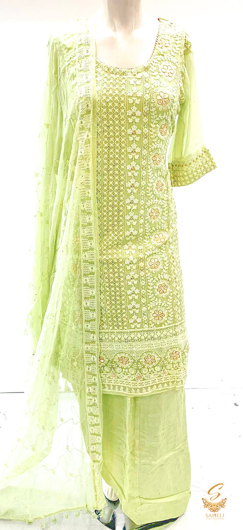 Pastel mint colour chiffon based heavy embroidered work kameez with salwar & oure chiffon dupatta with sequence and embroidery SIZE 40(upto 42)