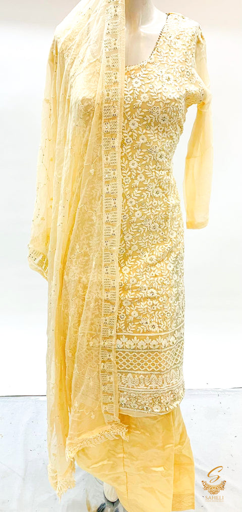 Golden colour pure chiffon based embroidered work all over kameez with rayon salwar & Chiffon dupatta SIZE44(upto 46)