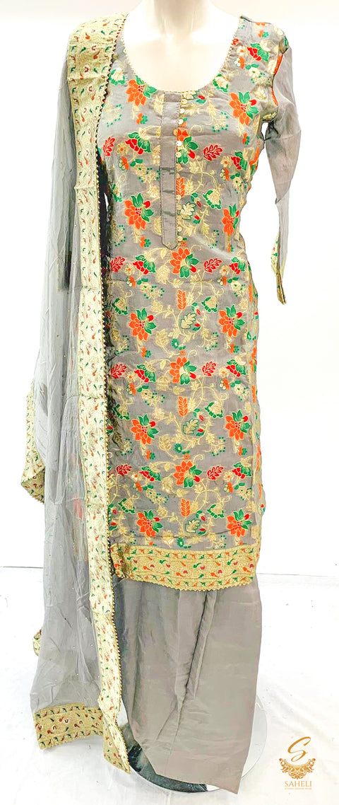 Dark grey colour brocade tussar silk heavy embroidered work kameez with salwar & chiffon dupatta with sequence and bordera SIZE 38(upto 40)