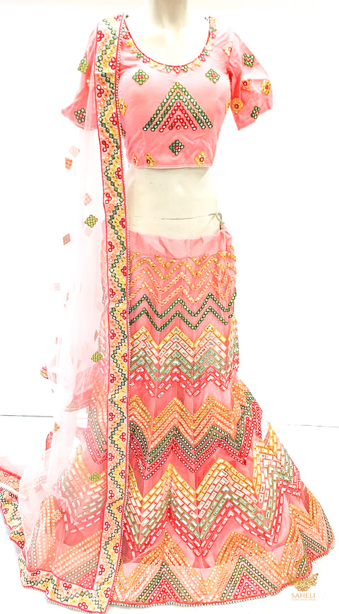 Pink colour netting based lehnga with heavy embroidery work fully heavy flared beautiful designer Readymade engagement lehnga with very heavy embroidered netting dupatta SIZE 42(UPTO 44)