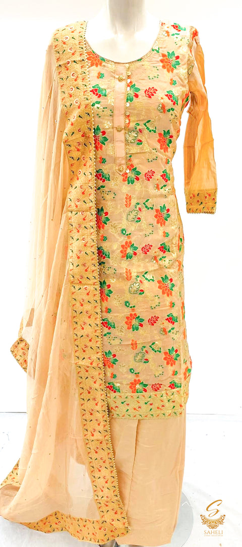 Pastel rosegold colour brocade tussar silk heavy embroidered work kameez with salwar & chiffon dupatta with sequence and bordera SIZE 42(upto 44)