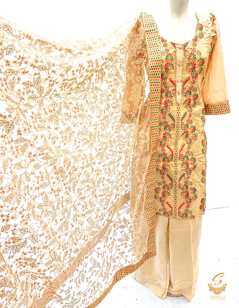 dusky rosegold colour brocade silk embroidered kameez with Circular Plazo & embroidered netting heavy work dupatta SIZE 38 (upto 40)