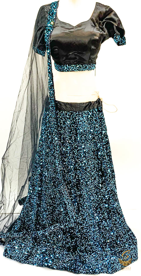 Black velvet based firozi sequence beautiful flared readymade lehnga with netting sequence broder dupatta SIZE 40(UPTO 44)