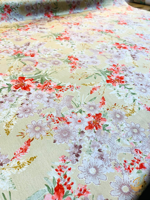 Golden color base with floral print beautiful soft Japanese Satin (per meter) 110 cm width
