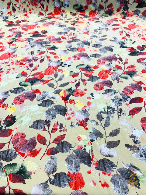 Beige color base with leaf print beautiful soft crape fabric (per meter) 110 cm width