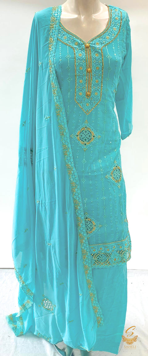 Electric blue colour pure georgette embroidered kameez with salwar & embroidered georgette dupatta SIZE 40 (upto 42)