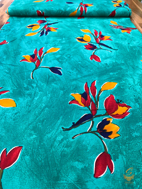 Teal colour beautiful floral print rayon Fabric (per meter) 120cm width