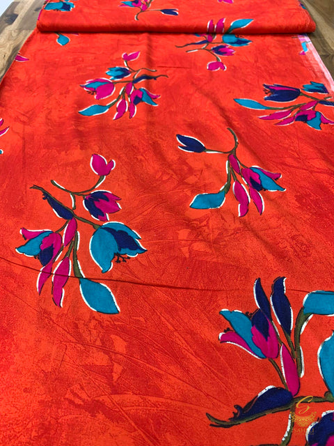 Red colour beautiful floral print rayon Fabric (per meter) 120cm width