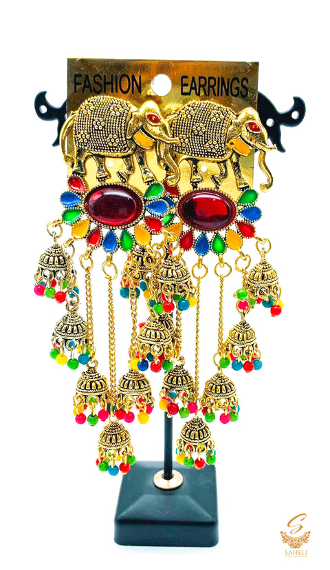Elephant design multicoloured pearls Beautiful Oxidised Jhumka Earrings