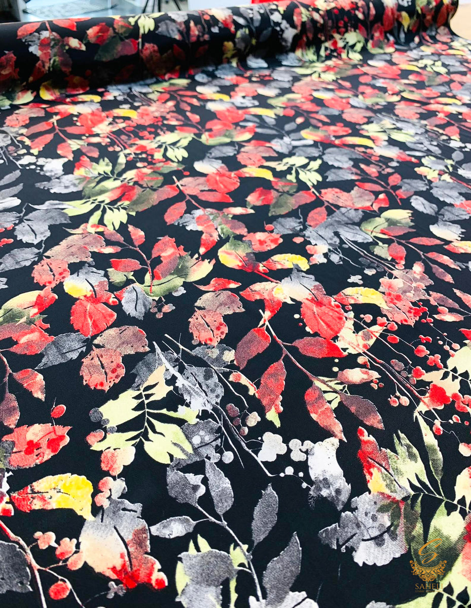 Crape Meaning Black base with leaf print beautiful soft crape fabric (per meter) 110 ...