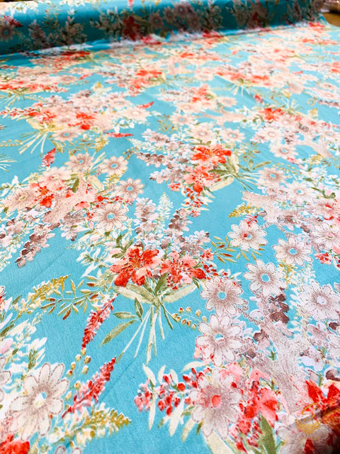 pastel blue color base with floral print beautiful soft Japanese Satin (per meter) 110 cm width