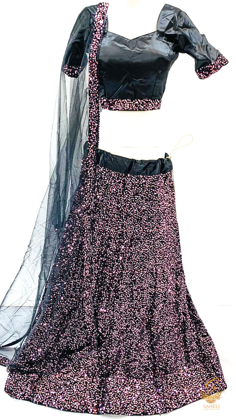 Black velvet based pink sequence beautiful flared readymade lehnga with netting sequence broder dupatta SIZE 40(UPTO 44)