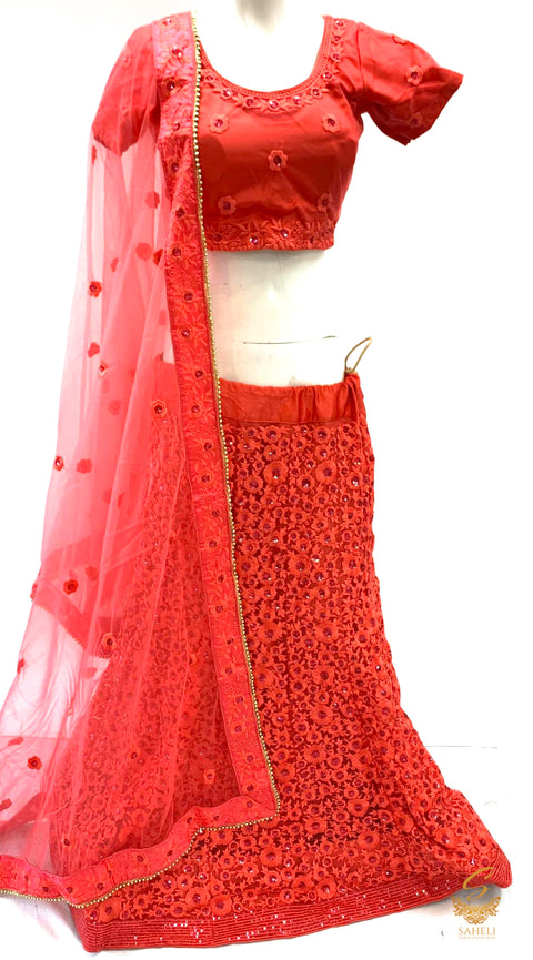 Rose Pink colour netting based beautiful heavy embroidery with sequence all over on blouse,lehnga & dupatta with attached latkan SIZE 40 (UPTO 42)