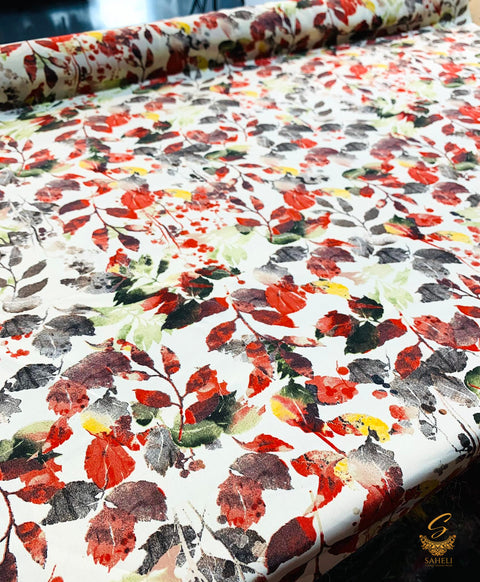 Cream color base with leaf print beautiful soft crape fabric (per meter) 110 cm width