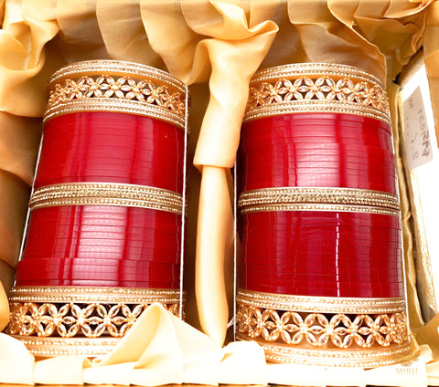 Beautiful Cherry Red Colour American Diamond Kade Bridal Churra