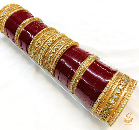 Beautiful Deep MAroon Colour Pearl & kundan Kade Bridal Churra