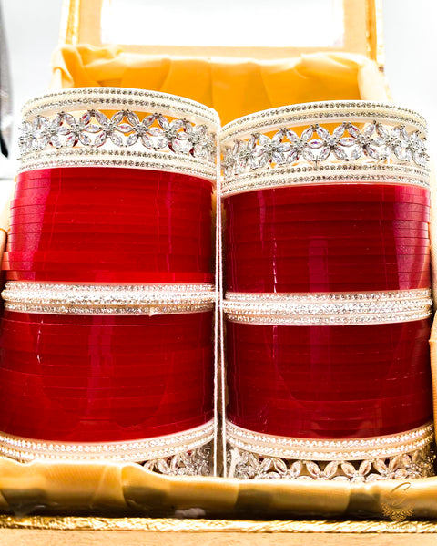 Beautiful Cherry Red Colour American Diamond Kade Bridal Churra
