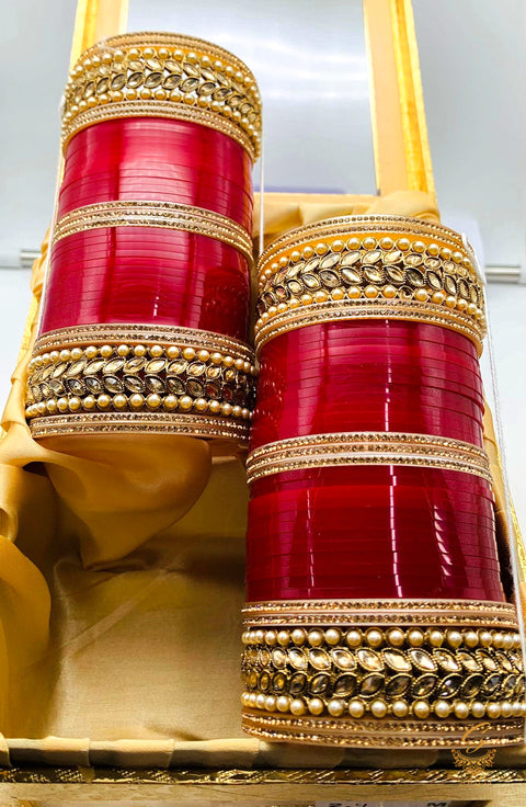 Beautiful Deep cherry Red Colour Polki  & Pearl Kade Bridal Churra