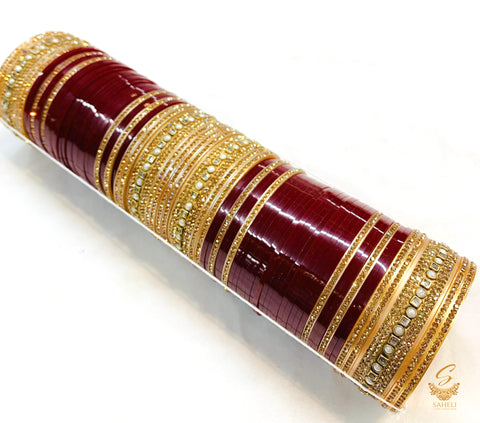 Beautiful Deep Maroon Colour kundan & Pearl Kade Bridal Churra