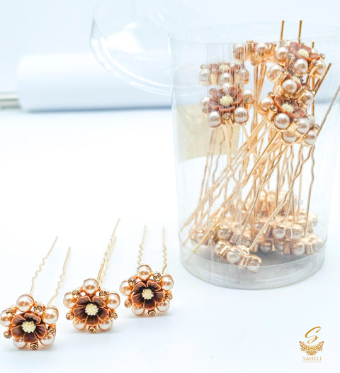 Golden colour pearls with  jerkan stone flower design beautiful Jura Pins  PER BOX (20 Pins in 1Box)