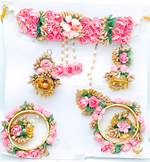 Floral Jwellery For Haldi (Necklace ,Kade , Jhumka and Tikka)