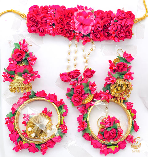 Floral Jwellery For Haldi (Necklace ,Kade , Jhumka and Tikka)