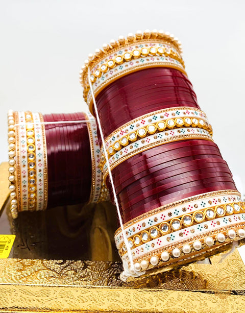 Beautiful Deep MAroon Colour Kundan Kade Dotted Bridal Churra