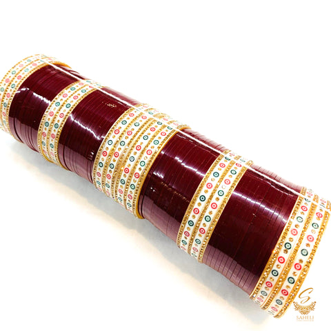 Beautiful Deep Maroon Colour Dotted Bridal Churra
