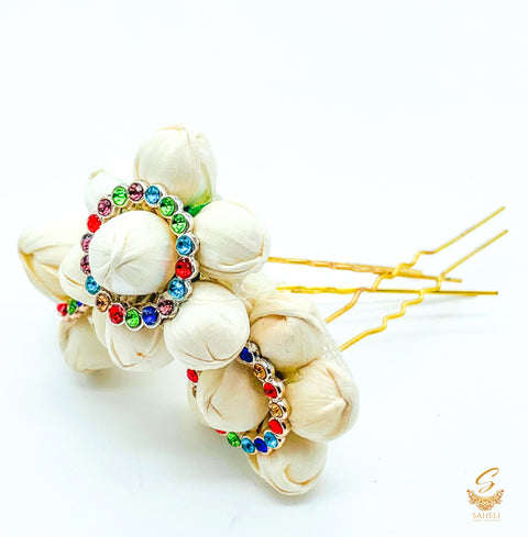 Beautiful Mogra with multicoloured stones pin For hair styling (price per Pin)