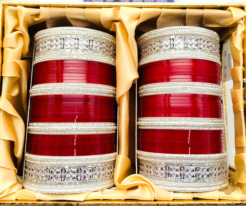 Beautiful Deep Cherry Red Colour American Diamond Kade Bridal Churra