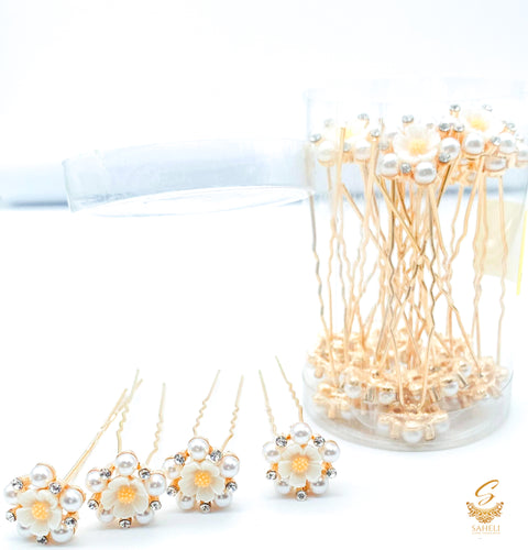 White colour pearls with  jerkan stone flower design beautiful Jura Pins  PER BOX (20 Pins in 1Box)