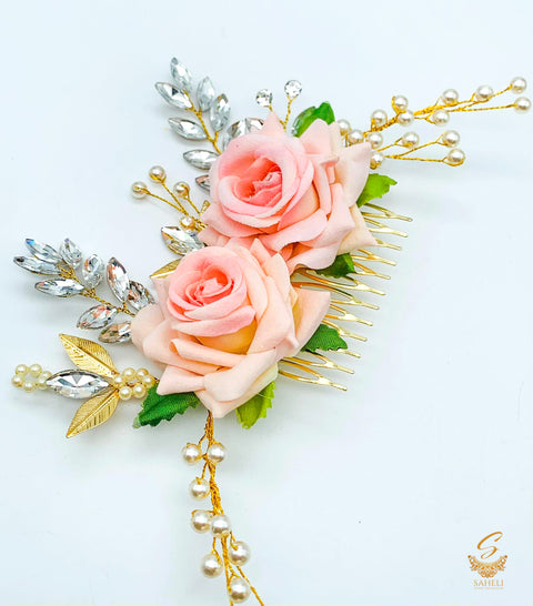 Rose Flower Hair Comb with crystal stones and pearl