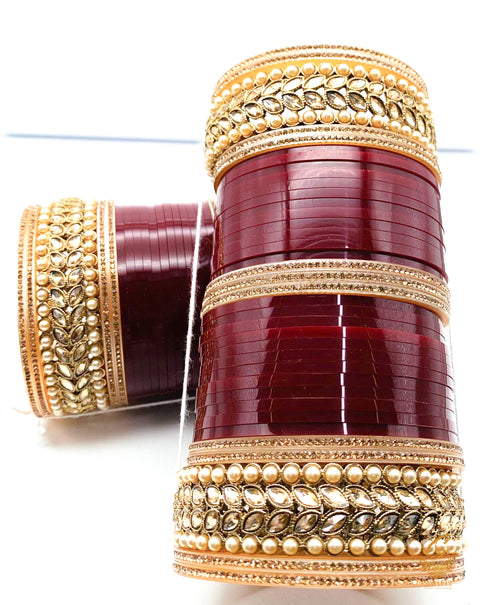 Beautiful Deep Maroon Colour Polki  & Pearl Kade Bridal Churra
