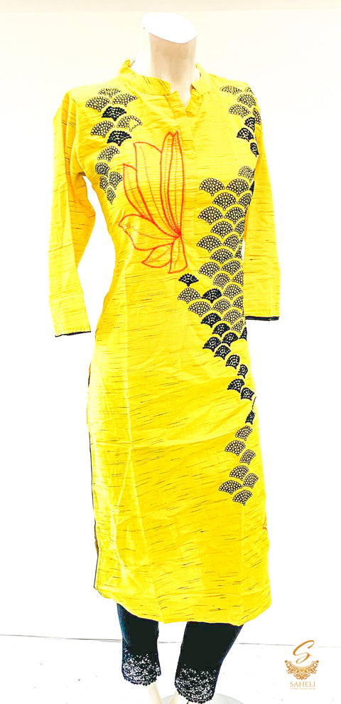 Mango yellow  Colour embroidered rayon  Kurti