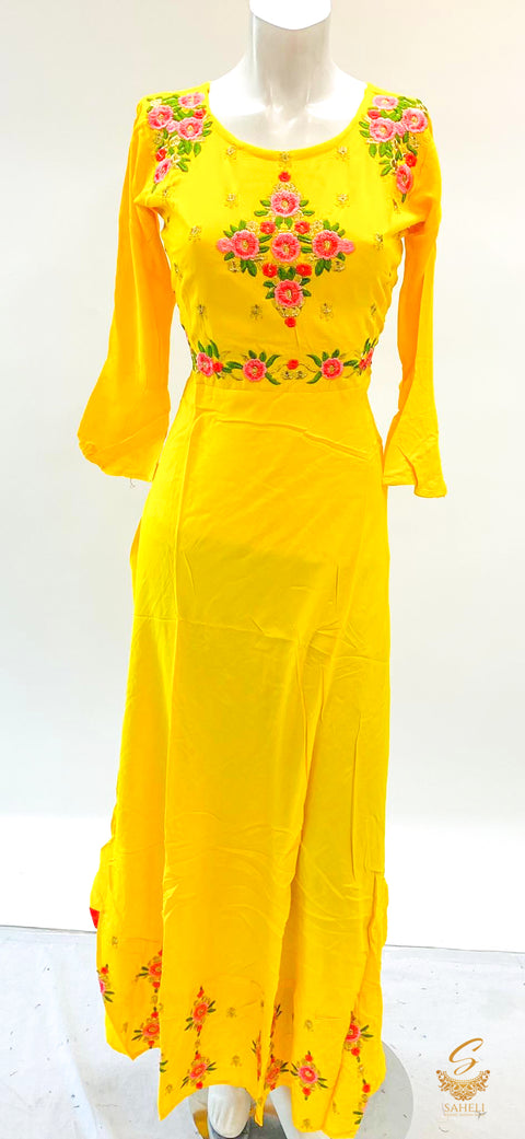 Mustard colour embroidered flared rayon Kurti