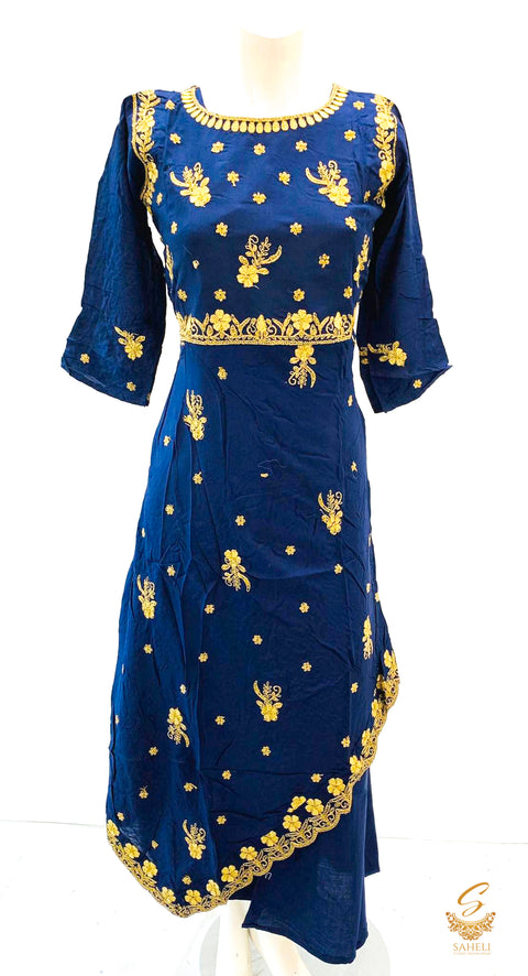 rayon based beautiful golden embroidery all over flared Kurti