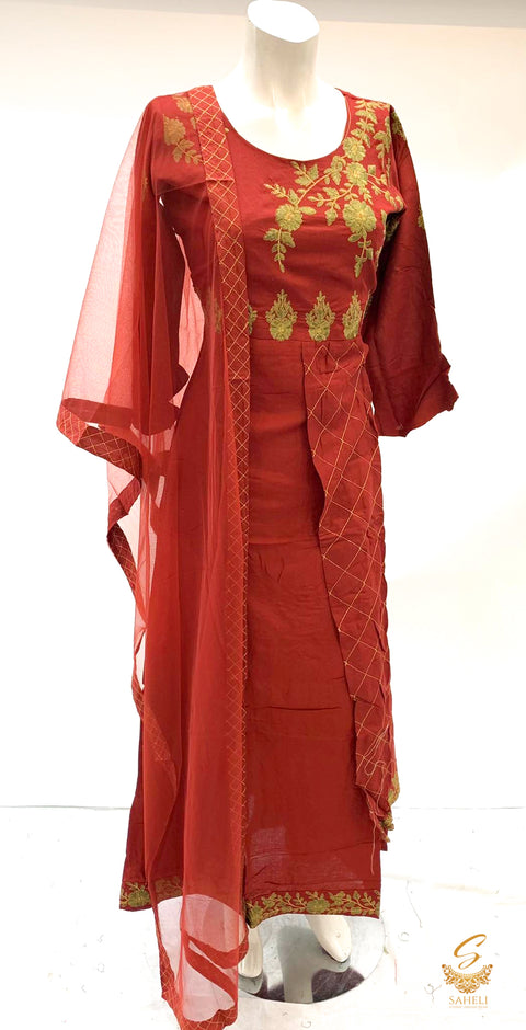 Dark MAroon colour embroidered Rayon kurti with dupatta
