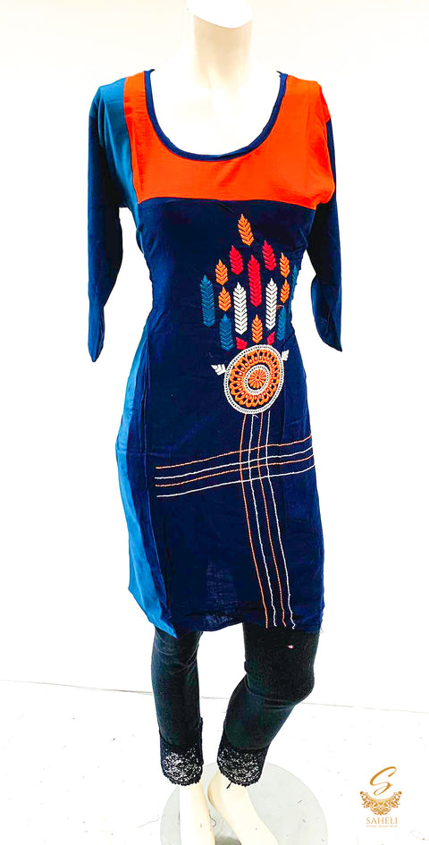 Teal and nevi blue colour soft rayon embroidered kurti